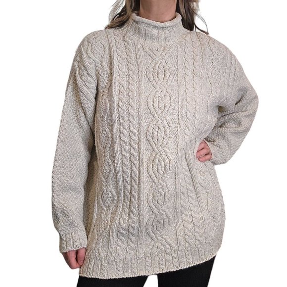 Retro Vintage 90s Womens M L Cream Textured Fisherman Sweater Mockneck Baggy USA